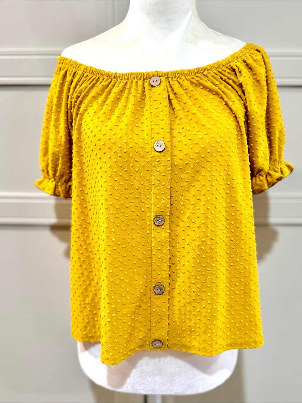 W5 Mustard Off-Shoulder Button-Front Swiss Dot Top
